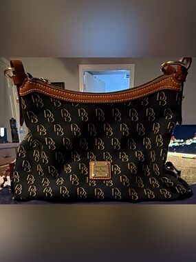 Dooney & Bourke Black Signature Shoulder Bag with Brown Trim